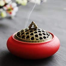 包邮 陶瓷香炉中国红室内檀香盘香净化空气摆件,三合
